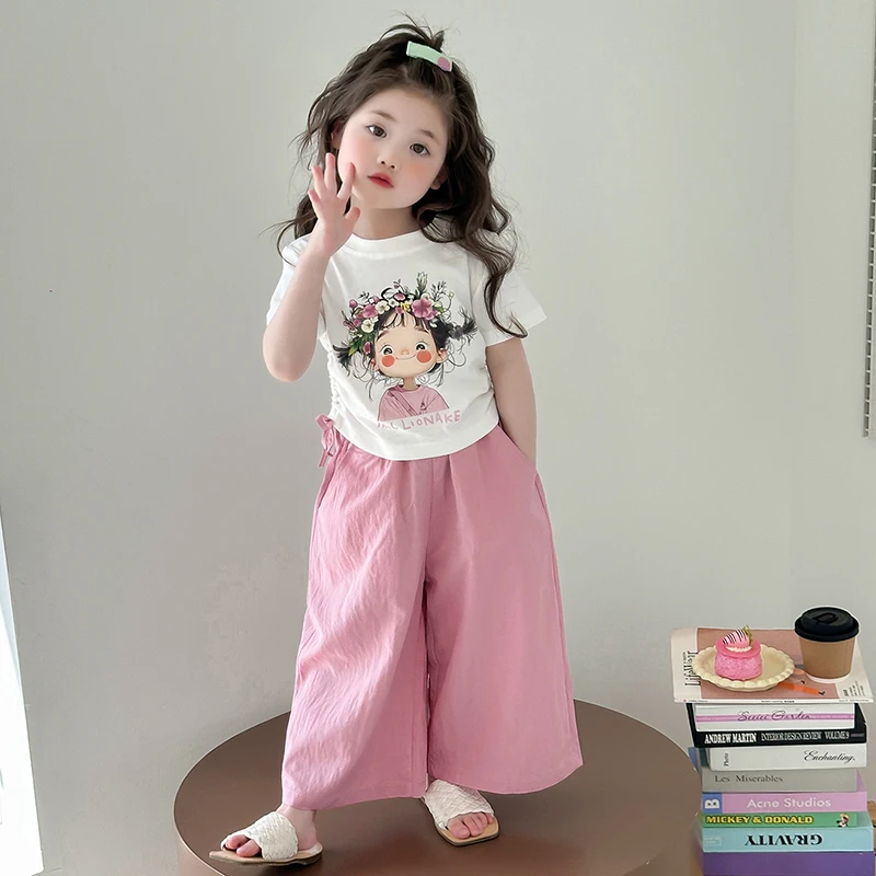 小女孩夏装洋气女童印花短袖套装时髦女宝宝T恤阔腿裤两件套儿童
