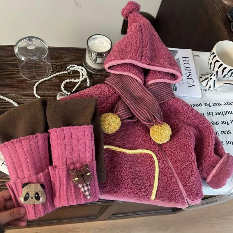 韩版童装2025新款冬季女童羊羔毛外套儿童加绒加厚打底裤两件套潮