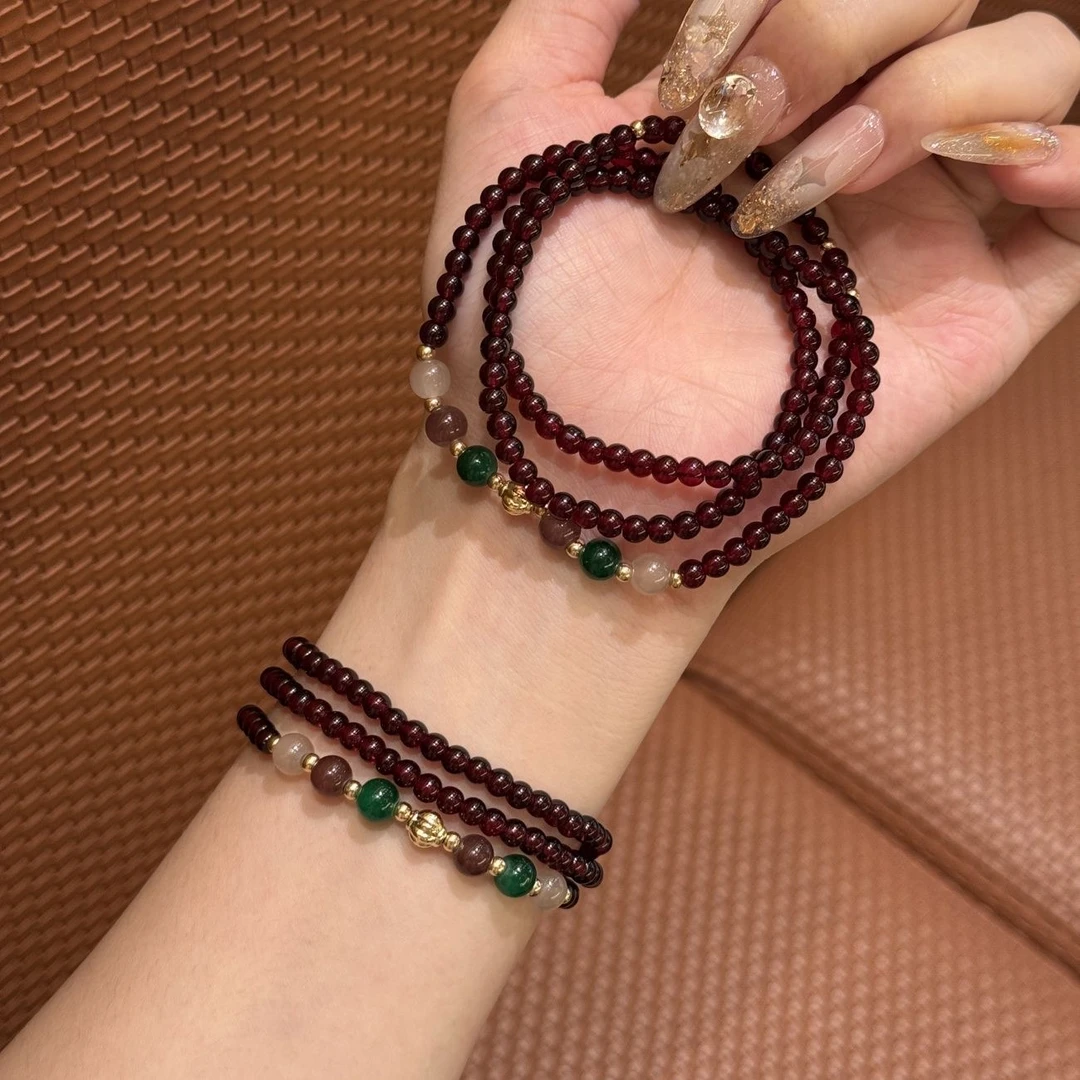 非金属树脂手链 新中式三圈好运石榴红手串复古气质编织闺蜜手链