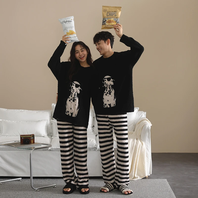 【半边绒】情侣睡衣秋冬季女款加厚加绒可外穿男士冬天家居服套装