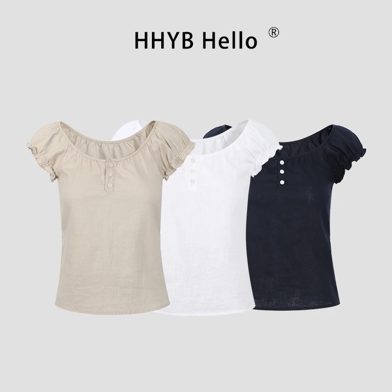 HHYB Hello韩系纽扣设计修身短袖T恤女2025新款泡泡袖上衣252014