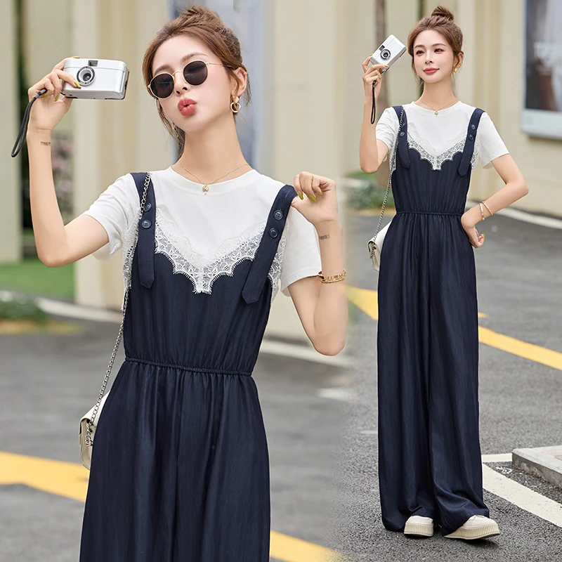 背带裤女款爆款2025新款夏季吊带连体裤套装显瘦阔腿裤洋气薄款