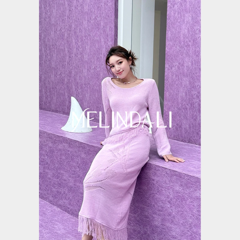 Melinda Li【邂逅郁金香】法式优雅郁金香挑孔嵌花流苏毛衣半裙套装