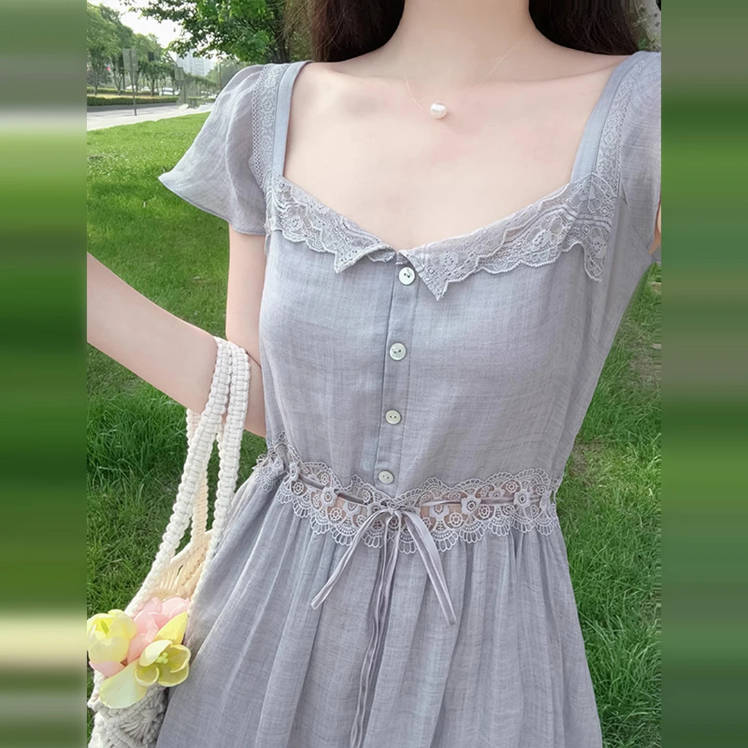 法式高级感绿色蕾丝拼接连衣裙子女夏季2025新款漂亮掐腰气质长裙