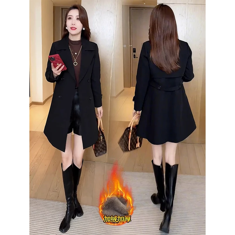 拉夏贝尔加绒加厚风衣外套女2025秋冬季新款小个子气质双排扣大衣