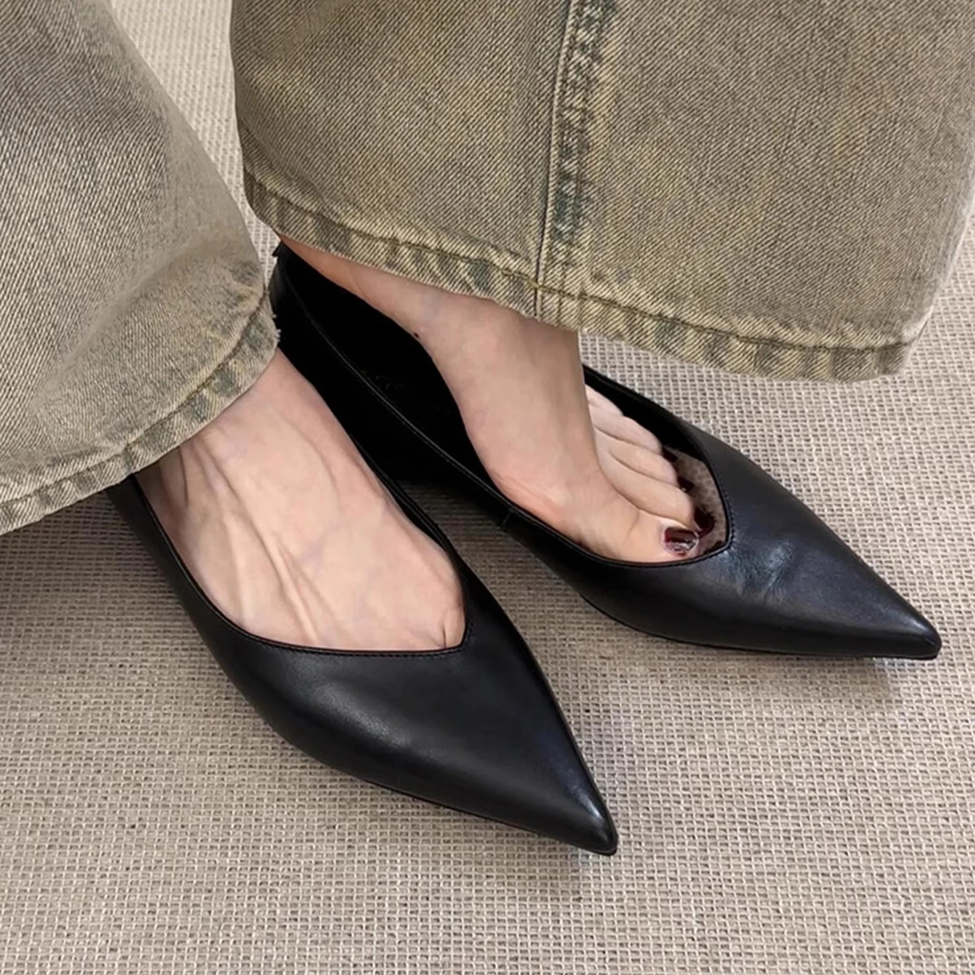 牛皮版~简约复古风外穿通勤鞋女真皮尖头低跟气质一脚蹬职业单鞋