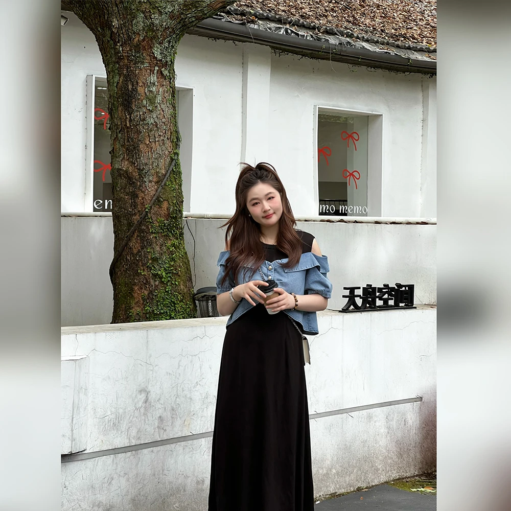 楠序【乌托邦】源子微胖女装 2025年夏装牛仔假两件连衣裙女YZ36113