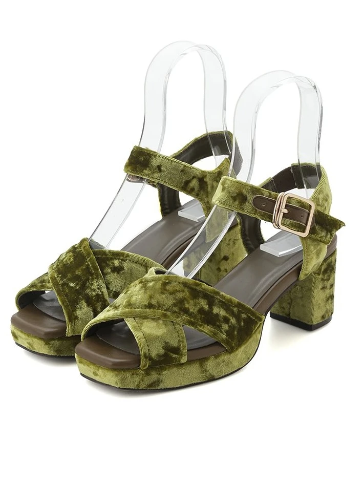 早秋新款！高级感日系复古丝绒时髦优雅气质粗跟鱼嘴交叉带女凉鞋