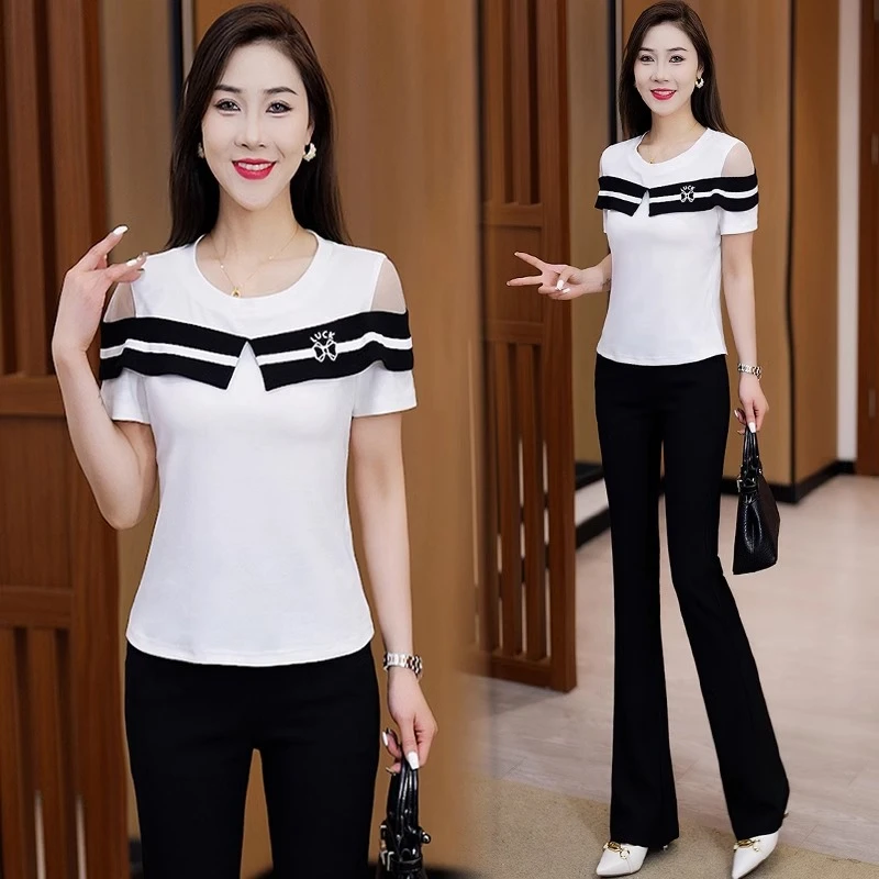 时尚短袖女2025夏季新款洋气条纹百搭显瘦减龄露肩设计感短袖T恤
