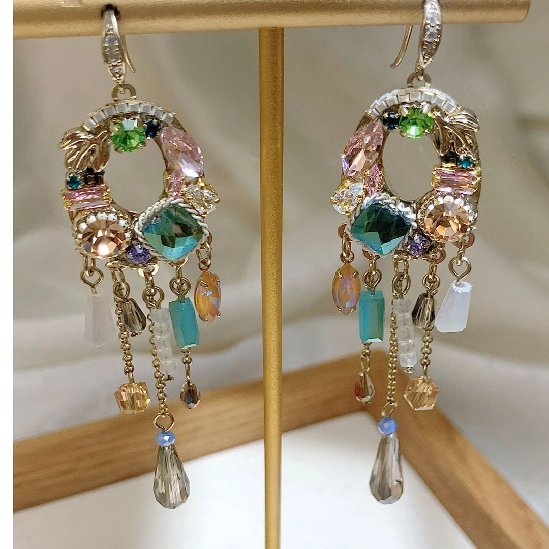 铜合金耳饰 韩国设计师手作波西米亚风彩色宫廷耳环3289