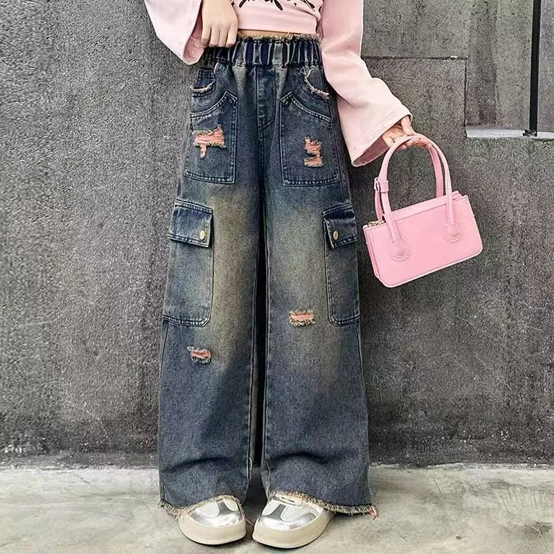 女童牛仔裤春秋款复古2025新款儿童高腰阔腿裤洋气时髦女孩破洞裤