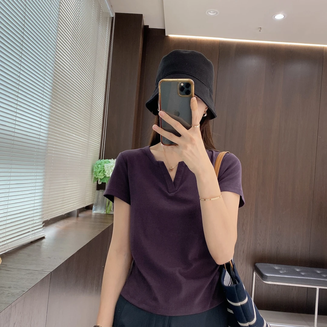 IMFLY金小金自制女装 莱赛尔T恤DYW9517夏日纯色正肩V领T恤女