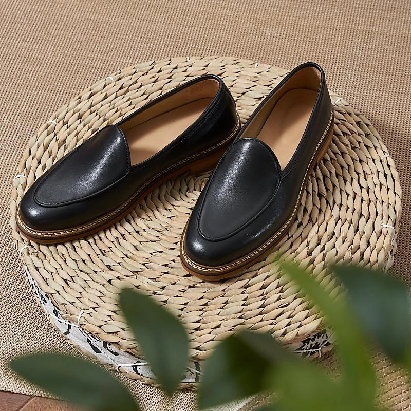 板鞋头层牛皮鞋子男士透气乐福鞋软皮一脚蹬厚底男鞋轻便套脚休闲