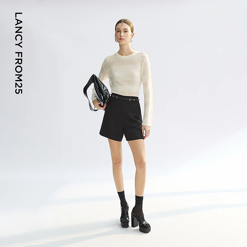 【王楚然同款】朗姿防晒黑色阔腿直筒西装高腰短裤2025年夏季新款