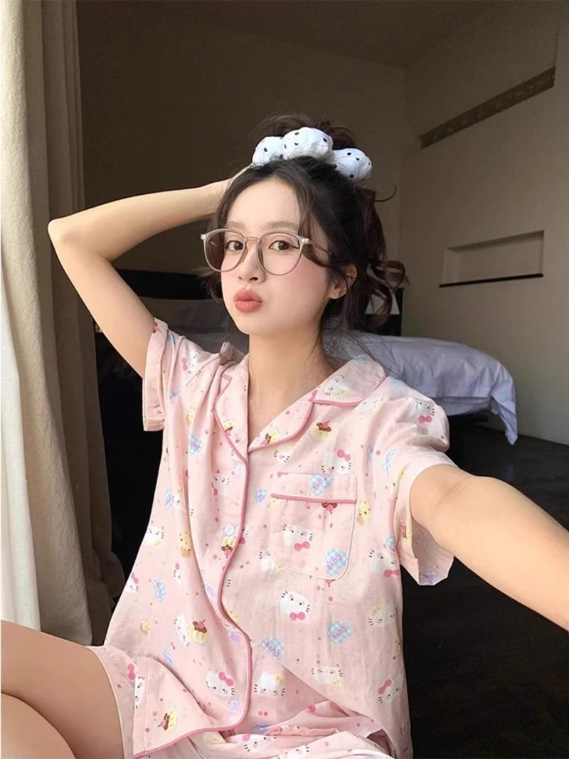 波点KT猫薄款睡衣夏季短袖短裤云朵棉少女韩版青年家居服套装ins