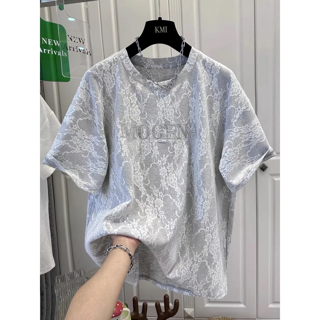2025夏季新款大码圆领拼接蕾丝字母刺绣短袖T恤女宽松显瘦上