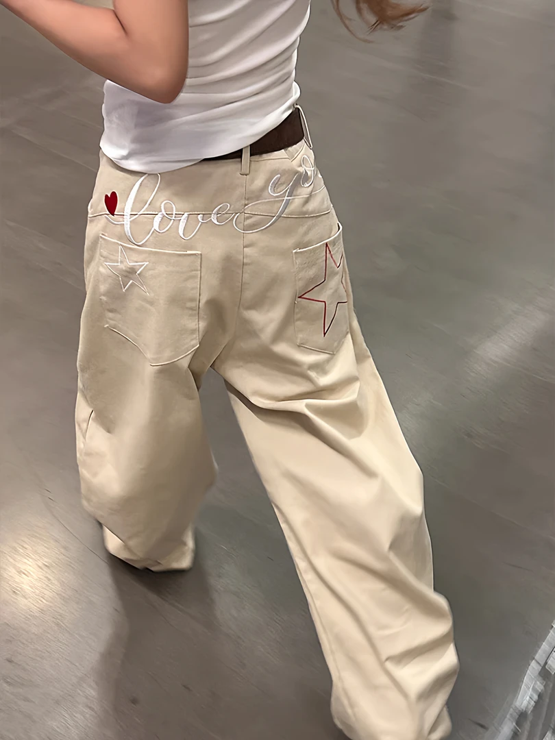 美式复古星星字母刺绣牛仔裤女秋季设计感街头直筒宽松阔腿牛仔裤