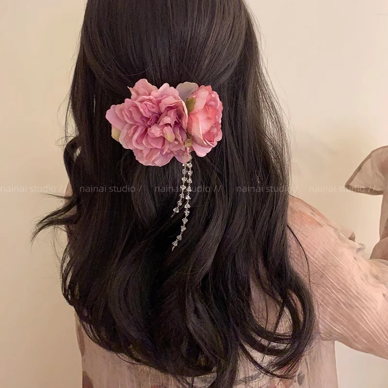古风玫瑰花发夹~新中式复古花朵流苏发饰2025年新款女超仙甜美