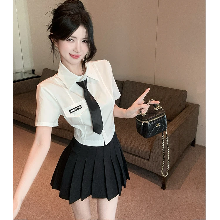 学院风jk衬衫制服套装女夏季夜场辣妹短袖衬衣+高腰半身裙两件套