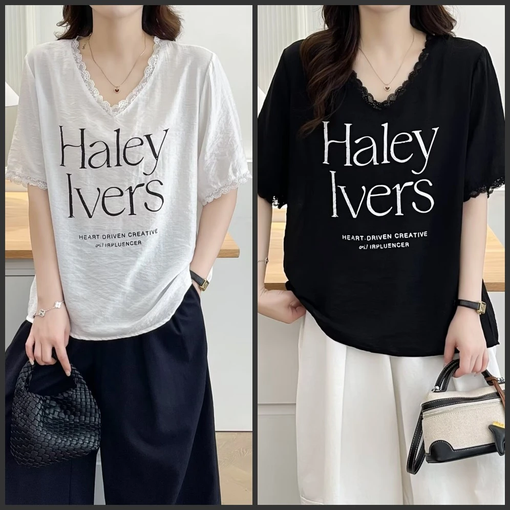 【琦琦】110-200斤大码女装夏季宽松凉快薄款花边字母短袖小衫T恤