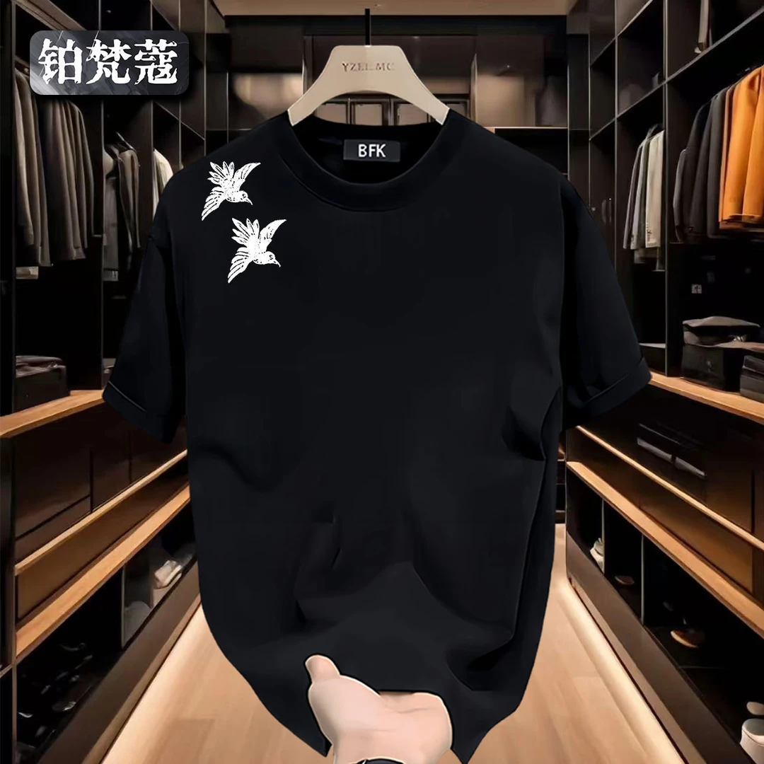 铂梵蔻印花百搭短袖潮流纯棉圆领男士ins上衣夏季休闲痞帅T恤美式