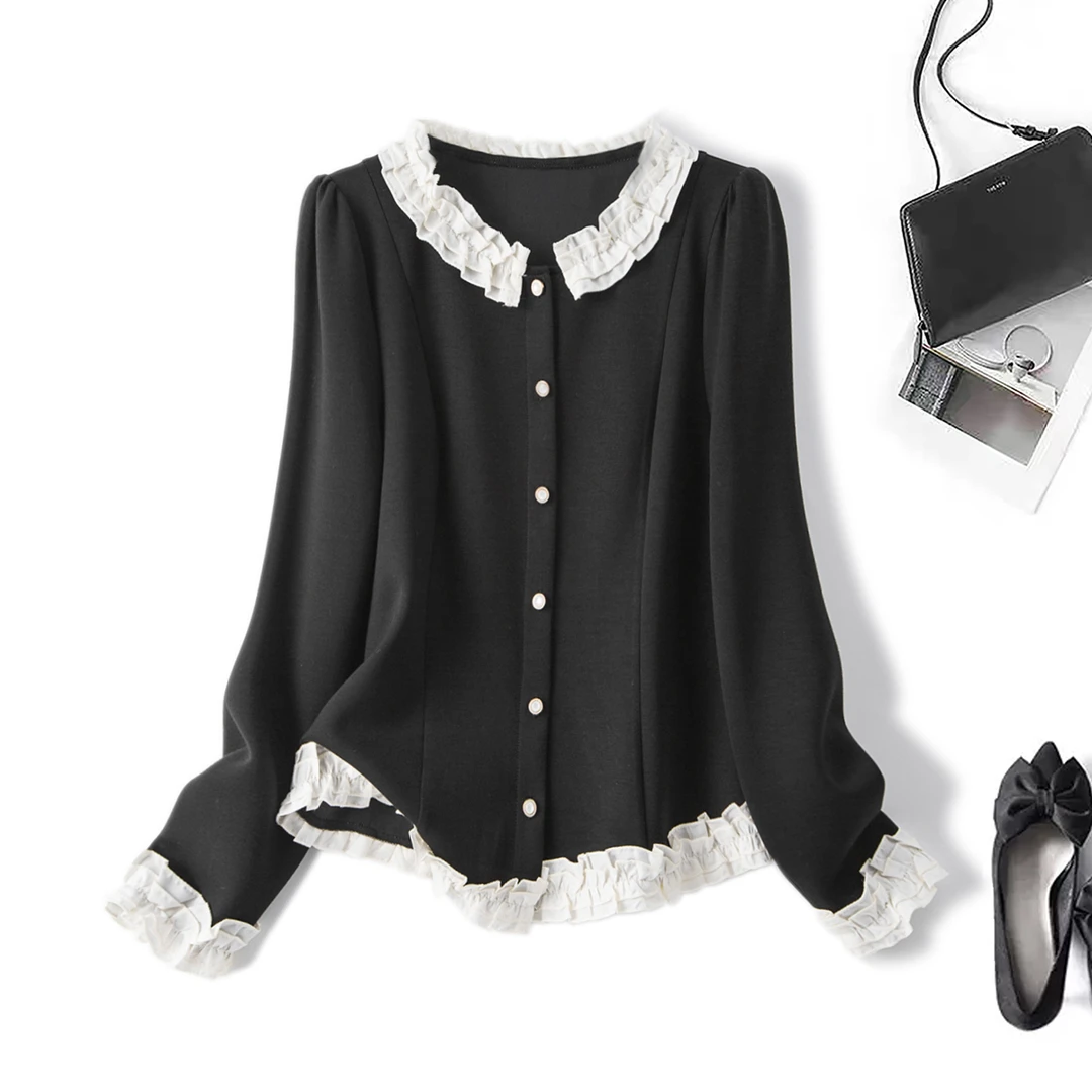 奢姿2025春装新款胖妹妹大码女装花边圆领衬衫撞色气质优雅上衣女