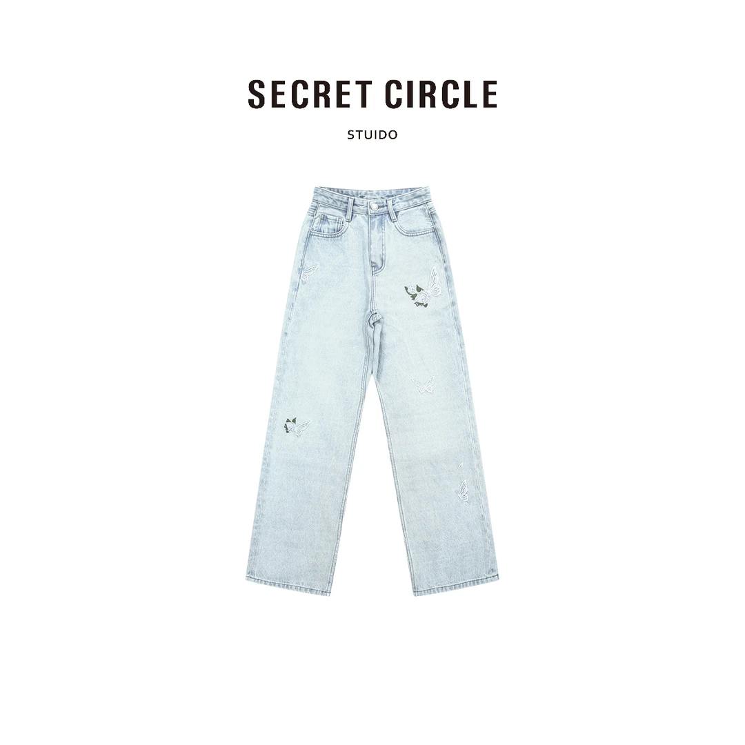 SECRET CIRCLE·秘社 秋季穿搭复古浅色蝴蝶刺绣百搭牛仔裤A0518