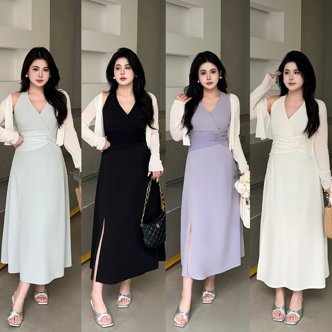 现货【嘎嘎】欧若风大码微胖优雅显瘦套装开衫+连衣裙两件套02311D