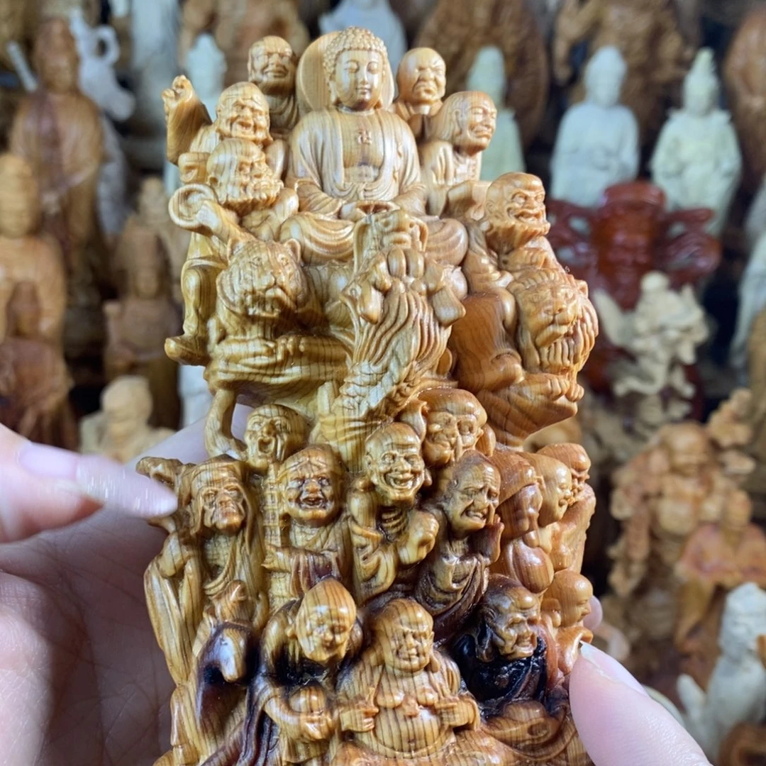 木崖柏13.5高十八罗汉拜佛微瑕