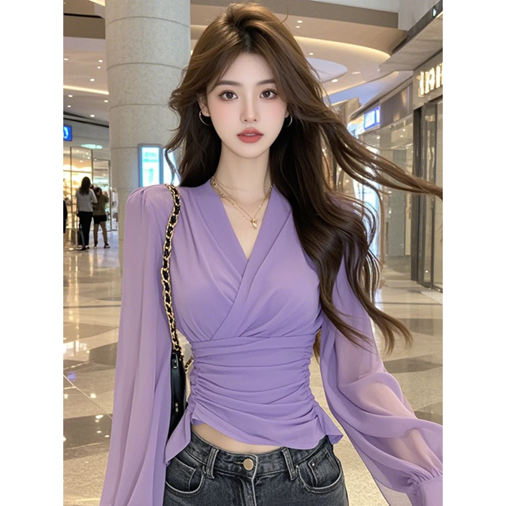 高级感紫色V领短款衬衫秋季袖子微透收腰修身轻奢高级纯欲风显瘦