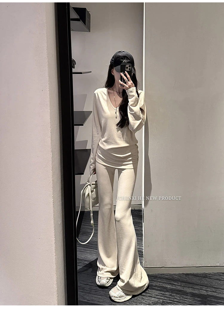 通勤简约长袖上衣洋气休闲百搭时尚长裤阔腿裤气质显瘦外穿两件套