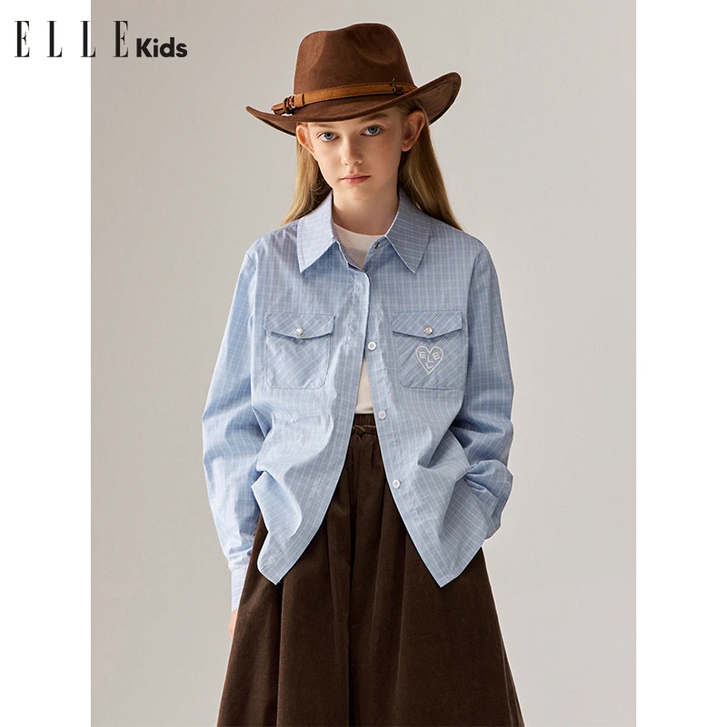 3952 ELLE KIDS 法式经典百搭格纹长袖高智感衬衫翻领设计感Q1