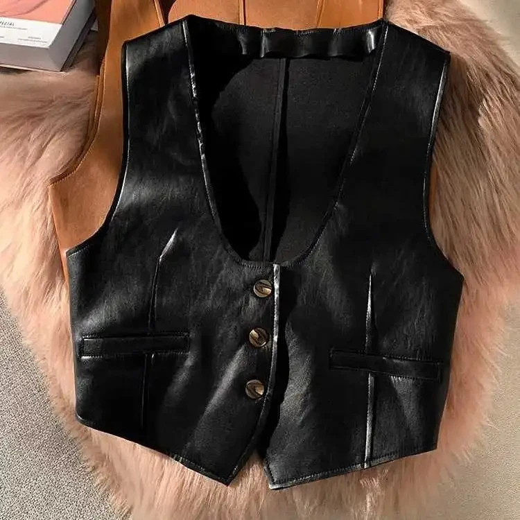 复古内搭皮马甲女外套秋冬女款叠穿棕色洋气坎肩马夹背心欧货上衣