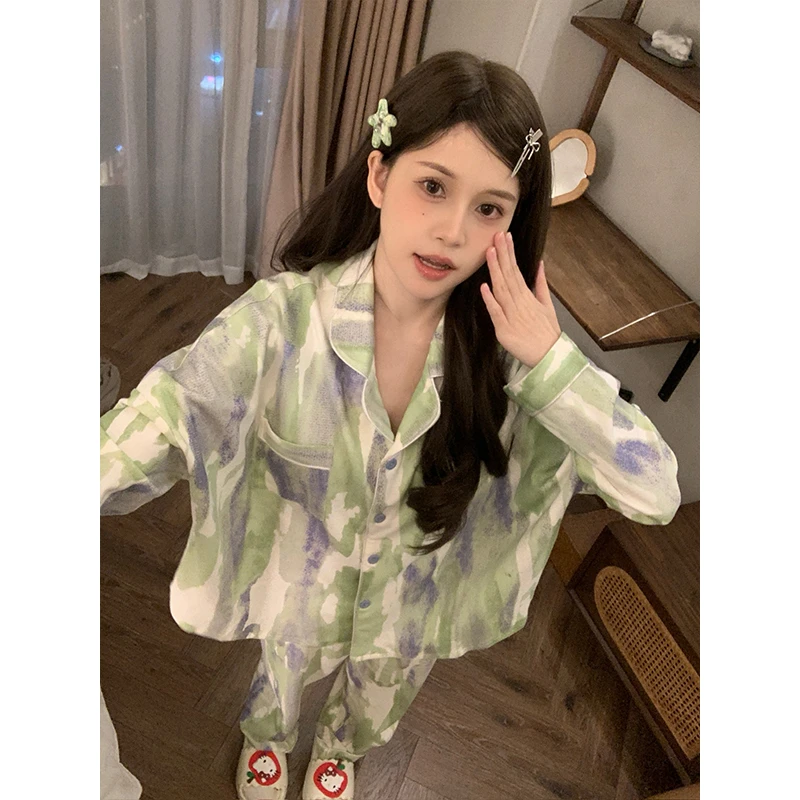 芯语婷春秋季新款紫绿油画女士睡衣冬季长袖长裤甜美家居服可外穿