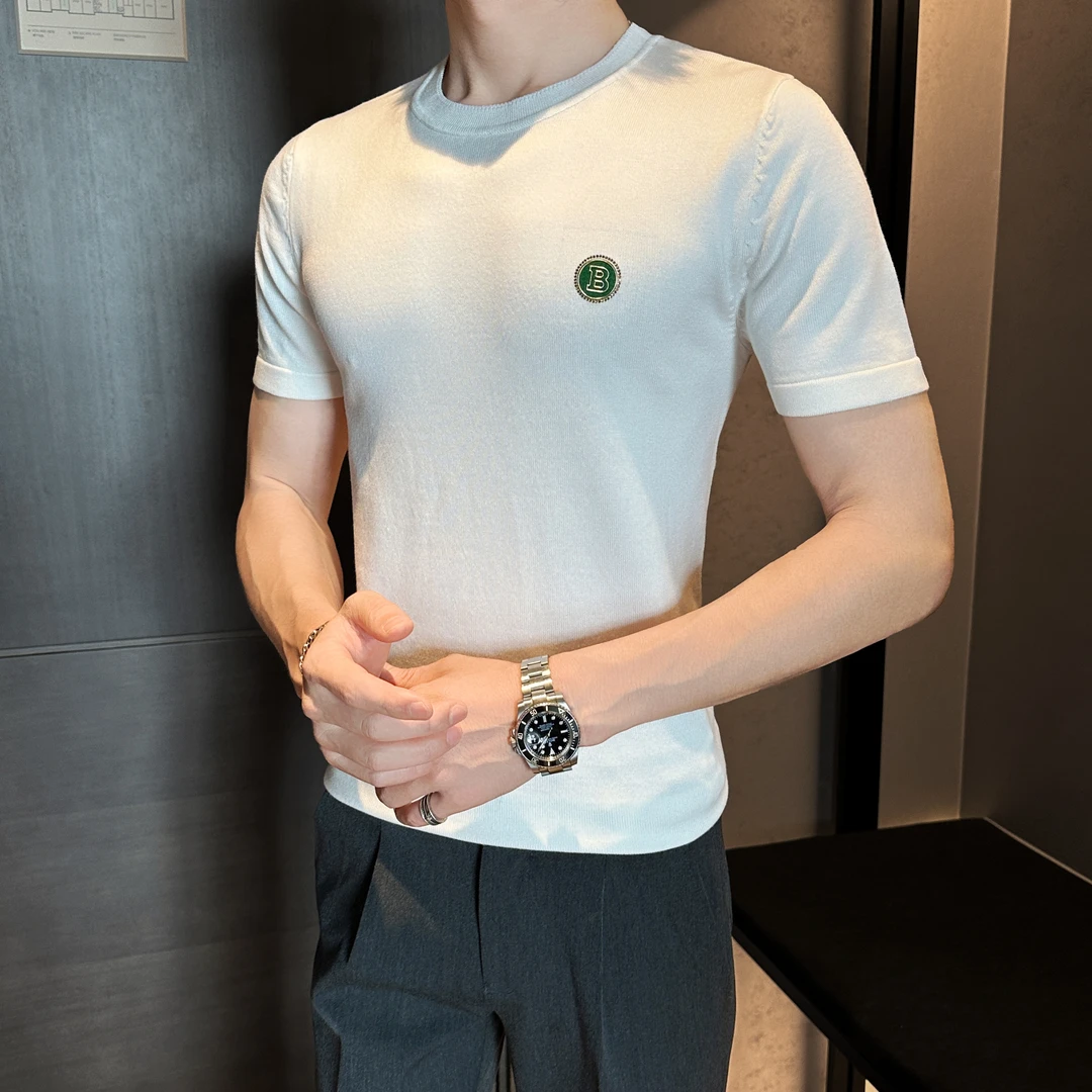 高级感圆领短袖毛衣男士秋季新款潮流痞帅绣标针织打底衫男装T恤