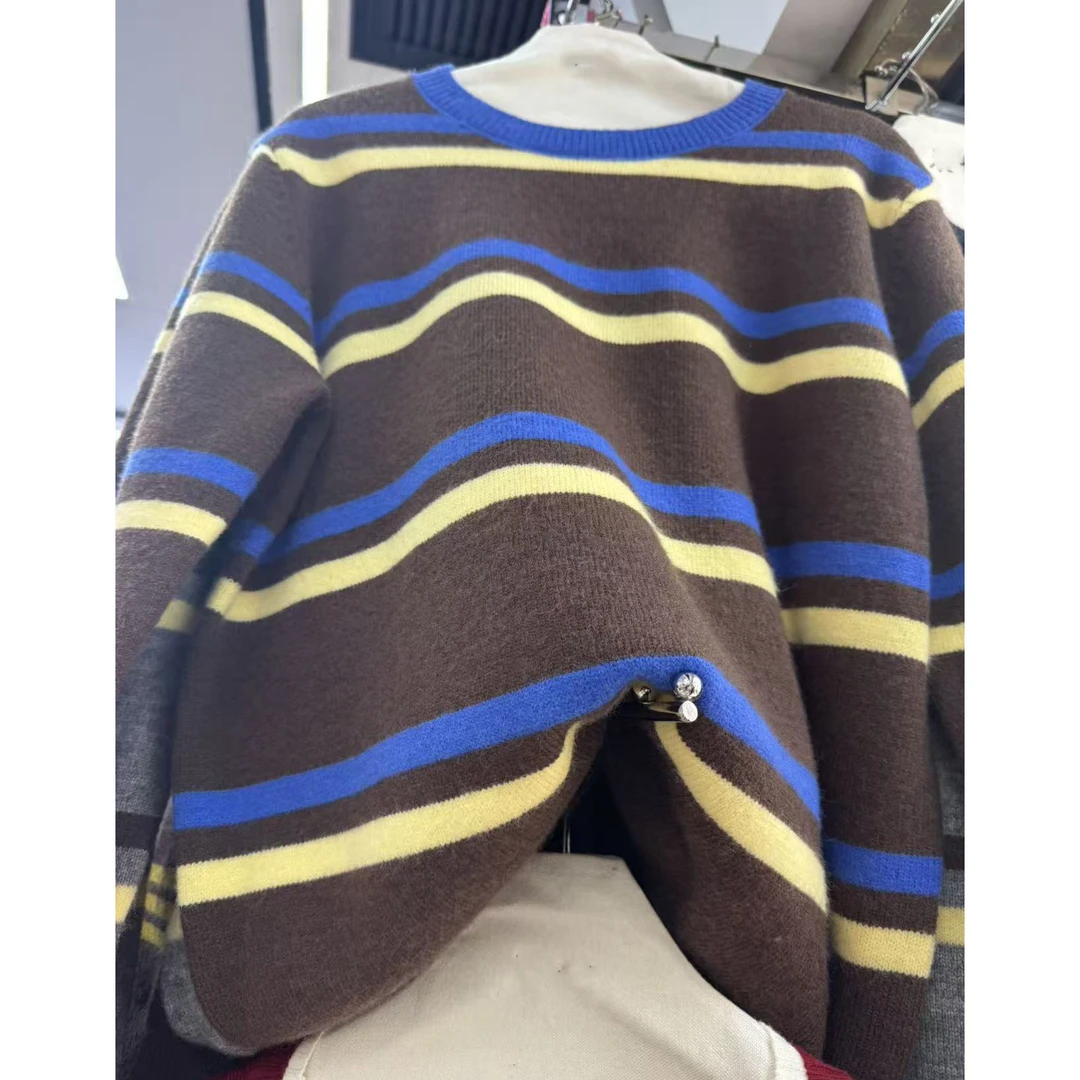 撞色条纹针织圆领长袖慵懒风毛针织衫宽松型INS风