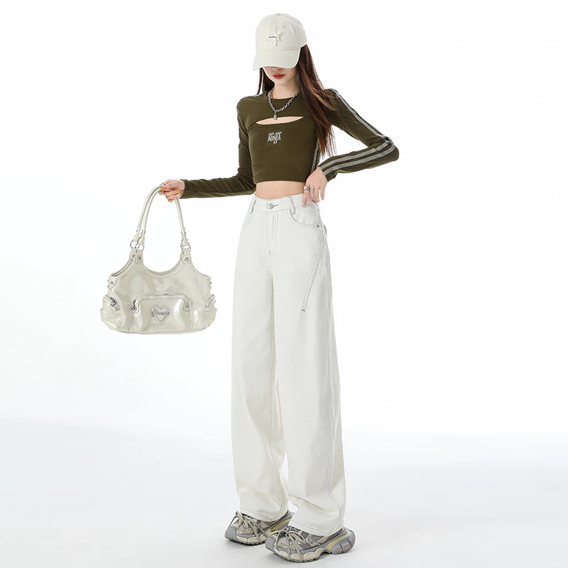 2331米白色高腰弯刀阔腿牛仔裤女秋季新款禅意口袋显瘦百搭宽松拖