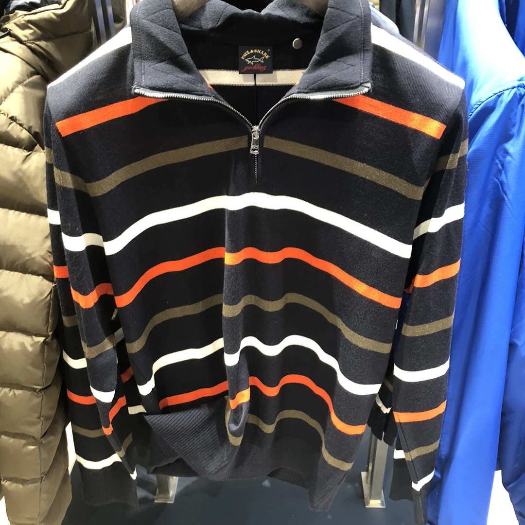 意鲨 不退换 男士条纹半拉链毛衣