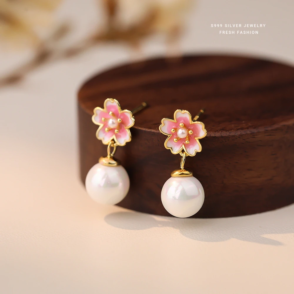 足银耳饰小清新甜美粉色樱花圆珠耳钉女S999轻奢百搭气质滴胶