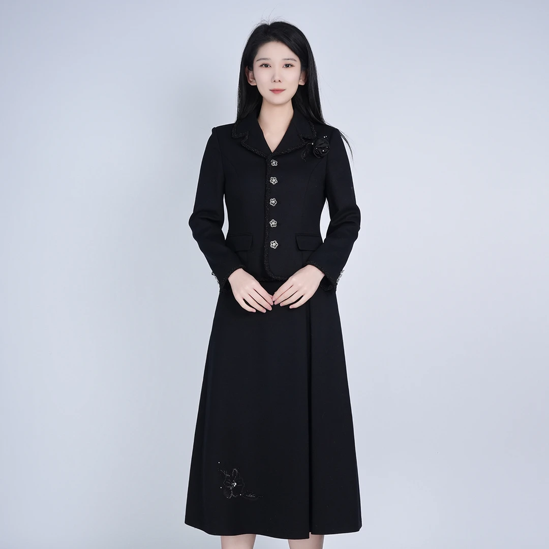 【绵羊毛】中国风黑色通勤精致女山茶花套装HAWM051091+HAWM051092