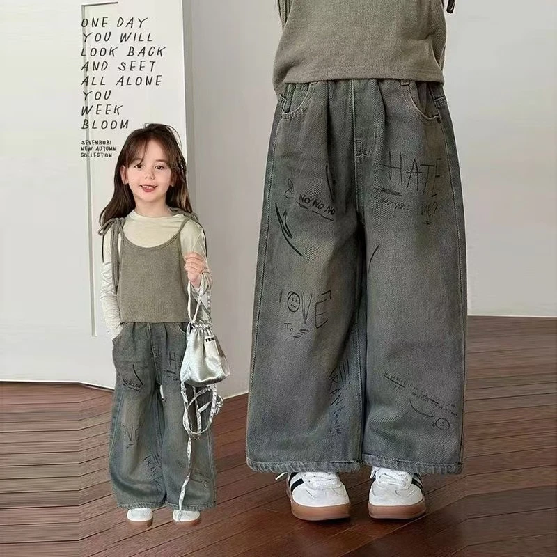 女童春秋款牛仔裤2025新款儿童宽松阔腿裤女孩秋款洋气直筒长裤潮