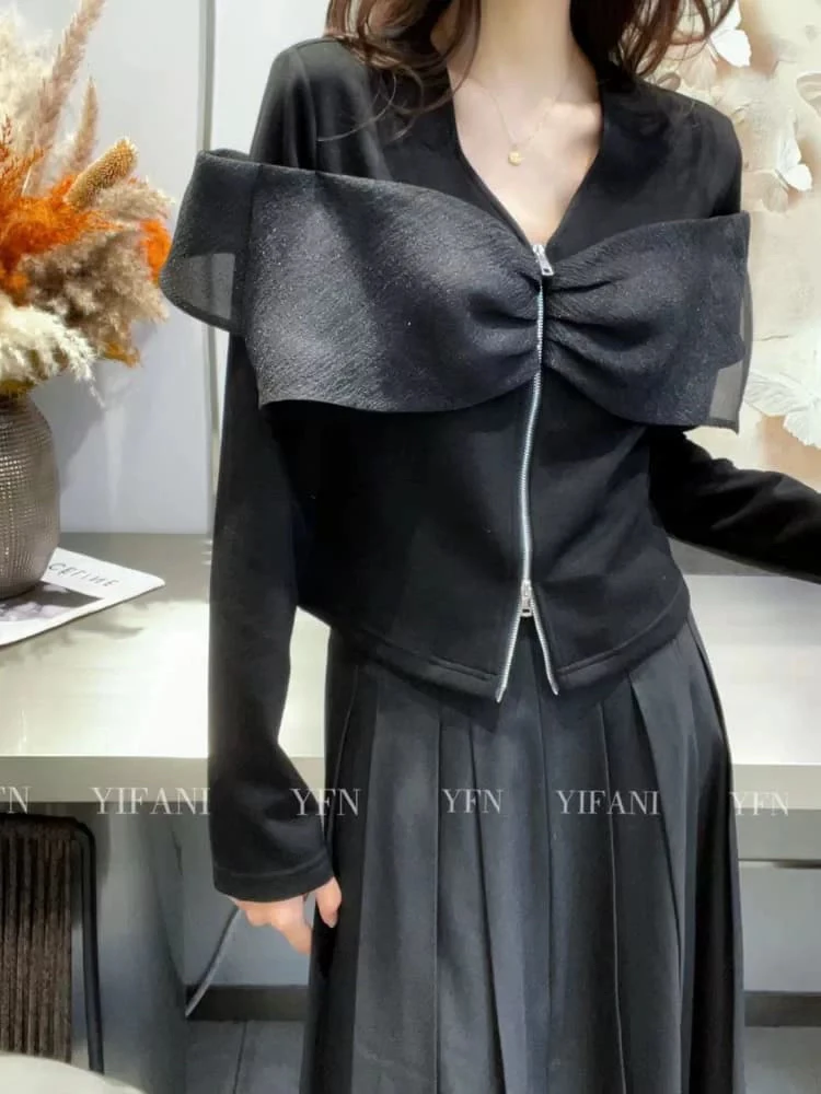 拉链气质夏季显瘦秋季拼接韩版不规则T恤直筒型黑色针织抽绳