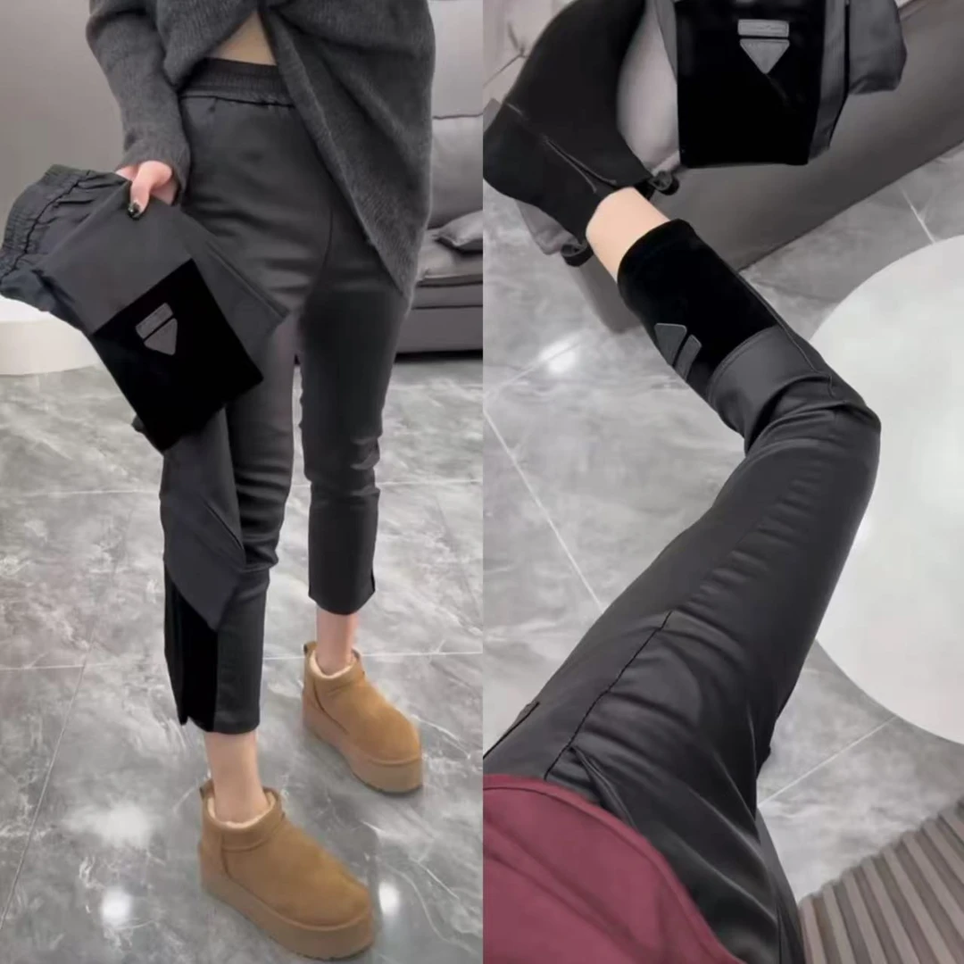 欧货秋冬新款金丝绒拼接涂层直筒裤女松紧腰弹力百搭小脚九分裤子