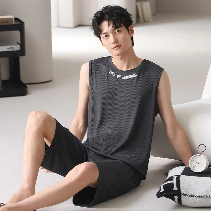 2025夏季新款冰丝螺纹睡衣男士背心短裤休闲简约家居服男可外穿