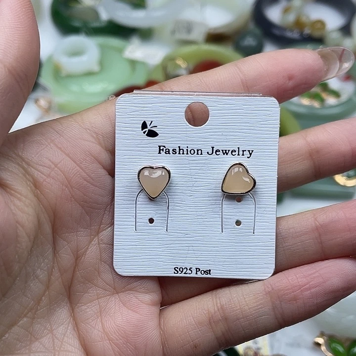 和田玉耳钉银S925镶嵌