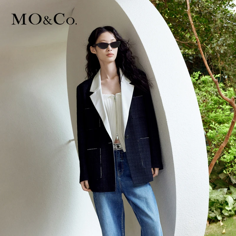 【达人专属】MOCO秋撞色平驳领黑色西装外套女休闲热力感MBB3COTT27