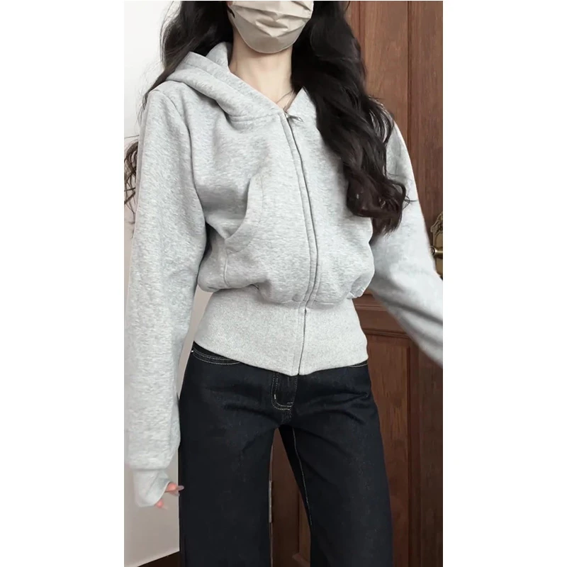 灰色连帽拉链长袖卫衣女秋冬新款韩系学院风短款帽衫外套长裤套装