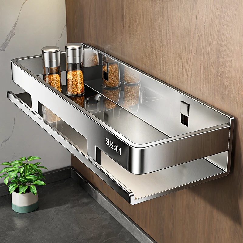 厨房置物架不锈钢壁挂式调味料收纳架多功能免打孔调料品墙上架子
