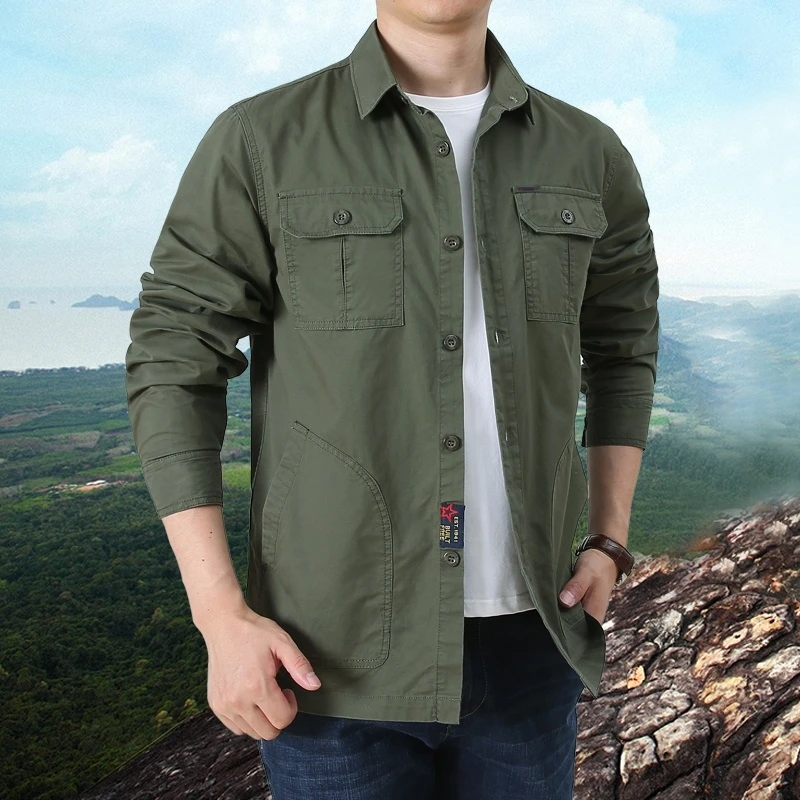 四个口袋纯棉工装衬衫长袖男士春秋季宽松时尚户外军旅风衬衣外套