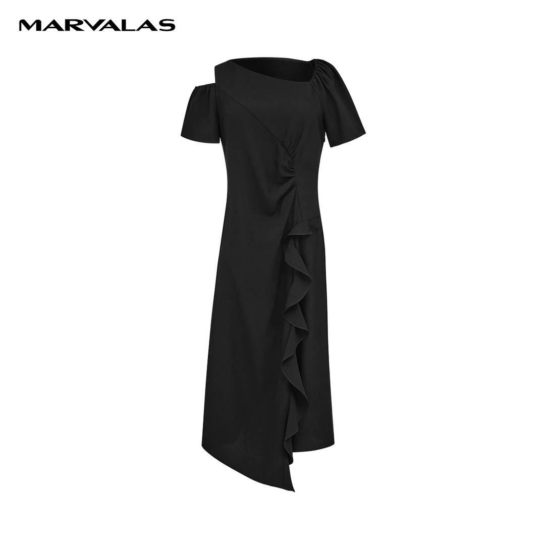 【羊羊专属】M534104705曼德诗醋酸连衣裙收腰中长小黑裙